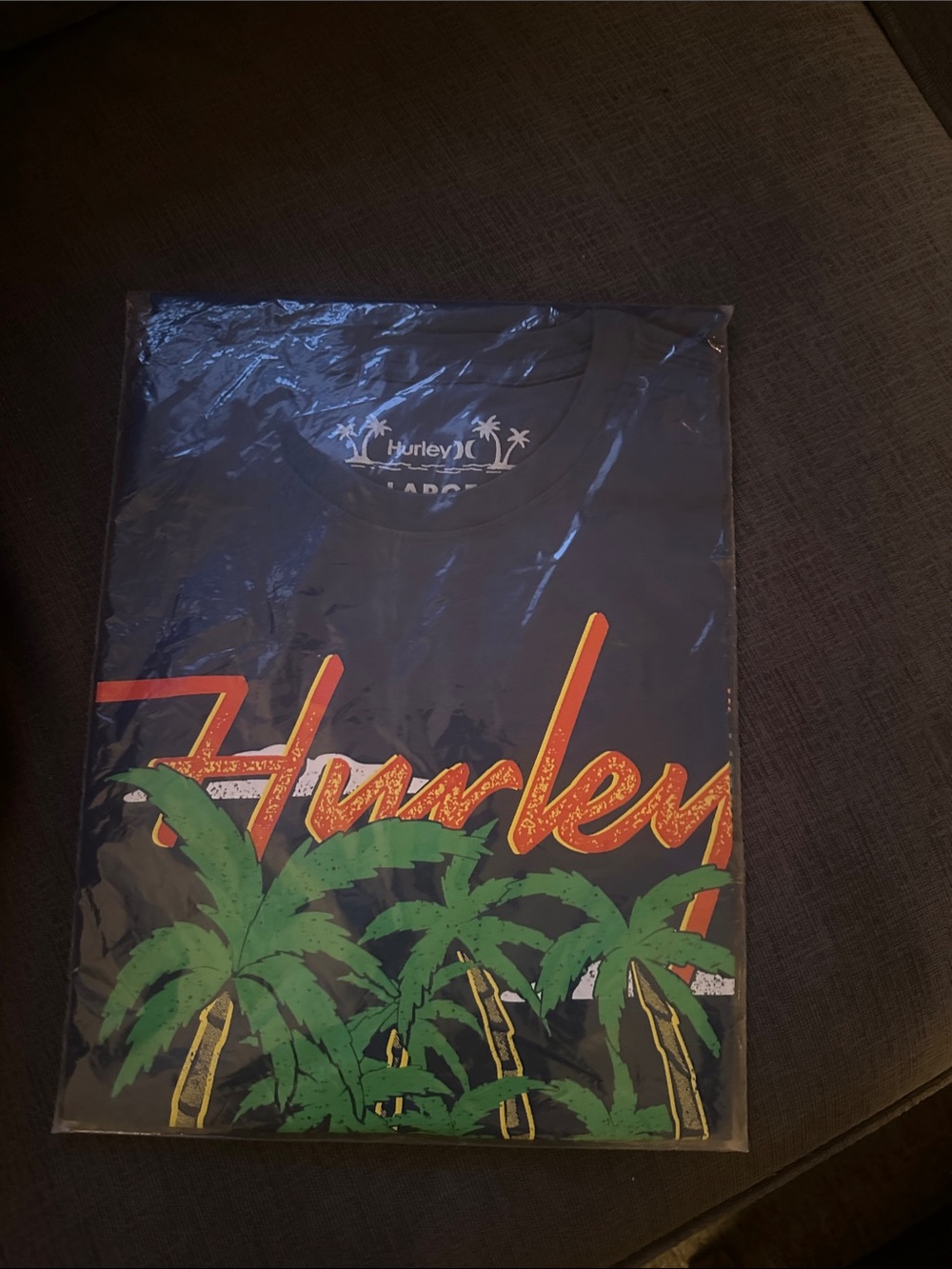 Hurley Navy Blue Tee with Orange Script and Green Palms